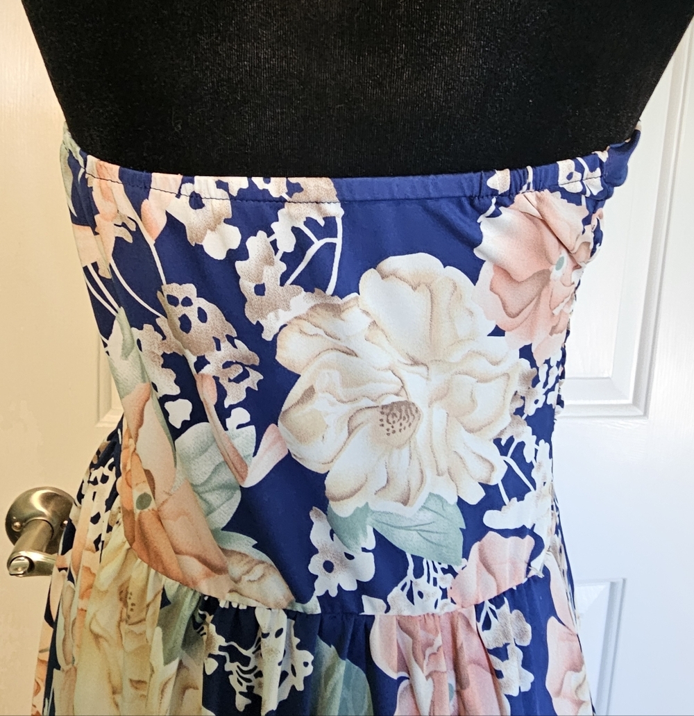 Liebeye Women's Blue and Cream Floral Strapless Maxi Dress Sz L - Picture 2 of 14